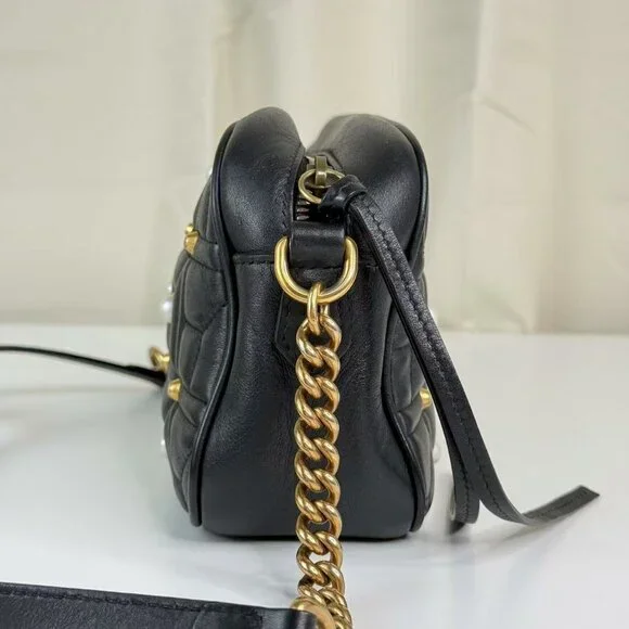 Gucci Black Leather Marmont Shoulder Bag Crossbody with Pearl Embellished - Picture 4 of 9